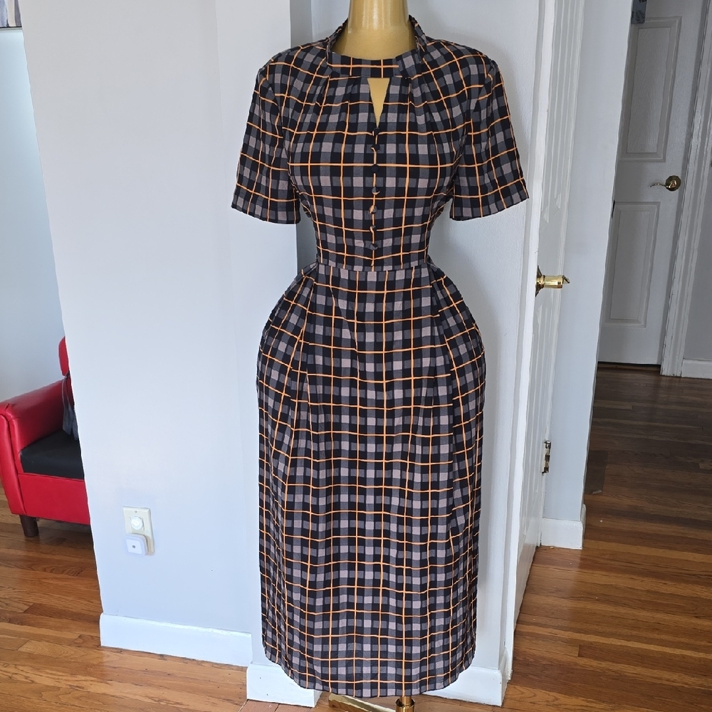 Checked Midi Dress with Orange and Black Plaid
